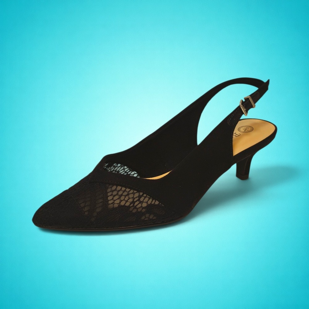 New Women's Bella Vita Marquette Black Suede/Lace Slingback Heels, Size 6WW
